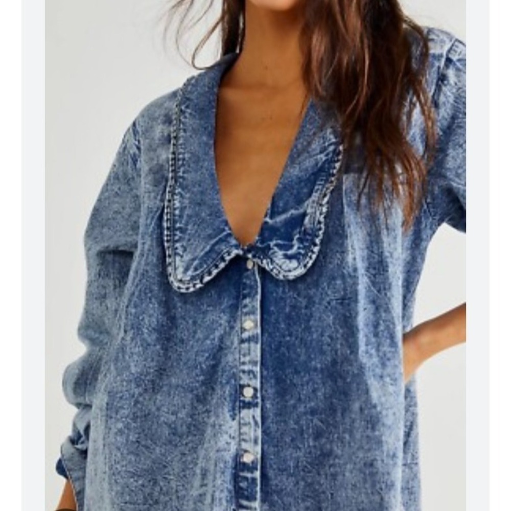 Free People Acid Wash Denim Button-Down Shirt Jacket - Blue